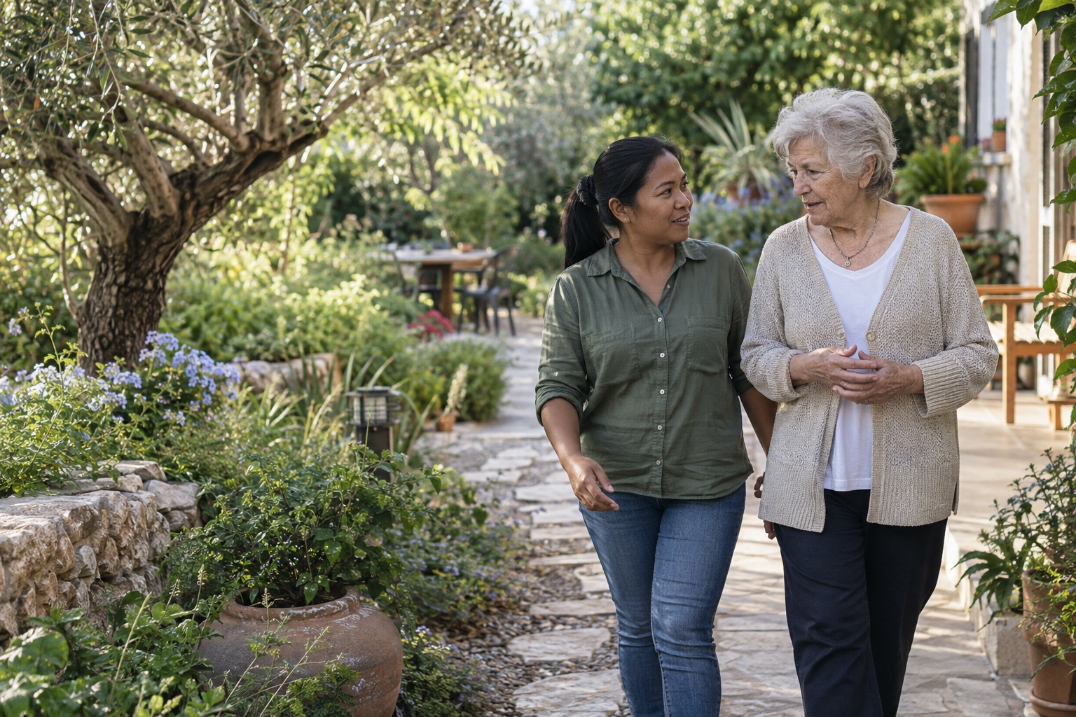 Illustration: a caregiver and an older woman talking in a garden